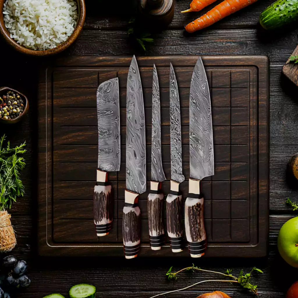 Antler Handle 9Pcs Damascus Chef Knife Set