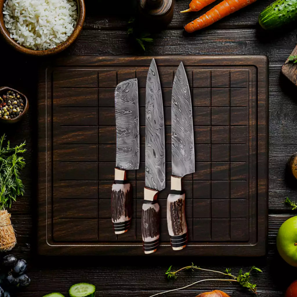 Antler Handle 9Pcs Damascus Chef Knife Set