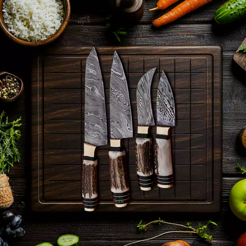 Antler Handle 9Pcs Damascus Chef Knife Set