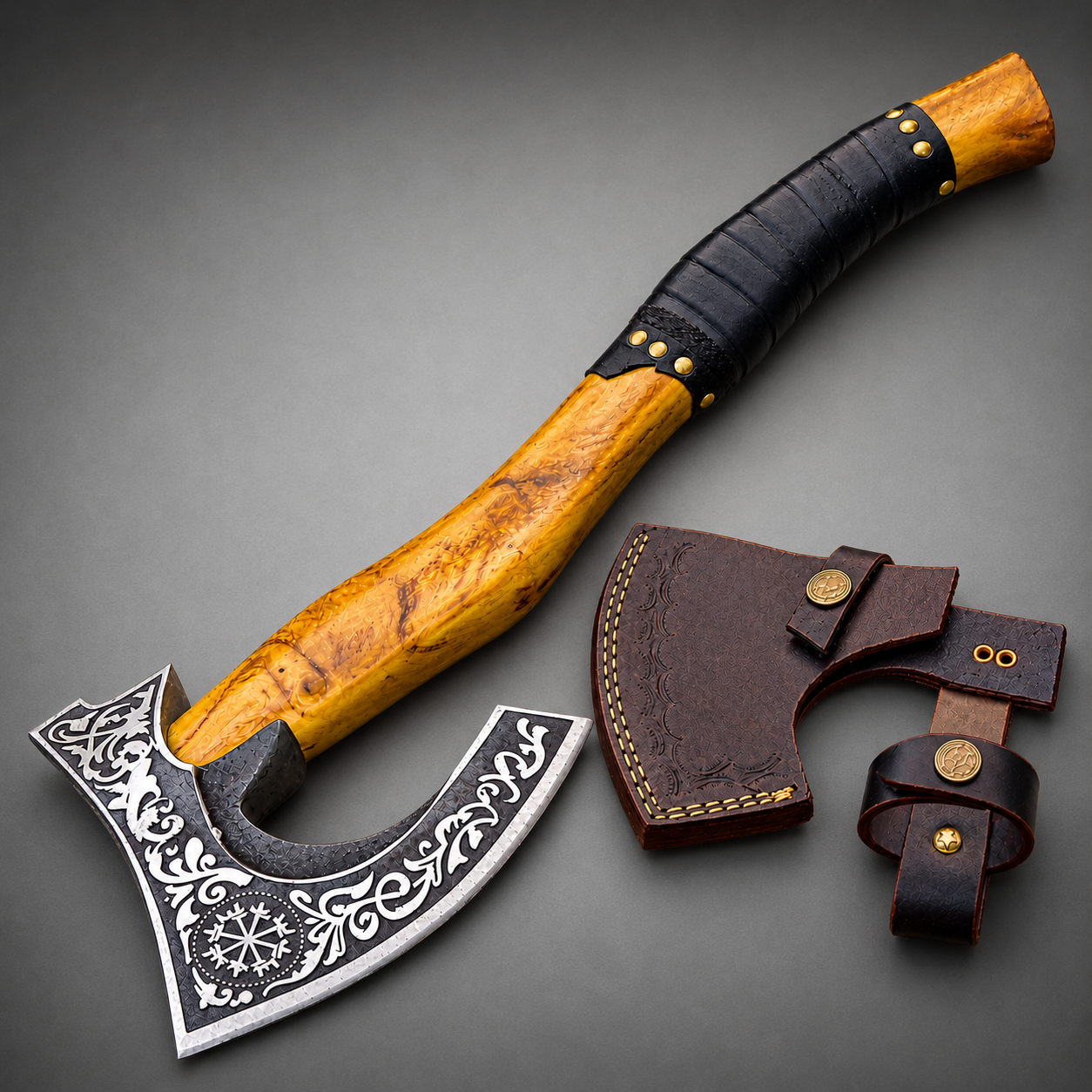 Handmade Viking Bearded Axe with Vegvisir Etching & Leather Sheath