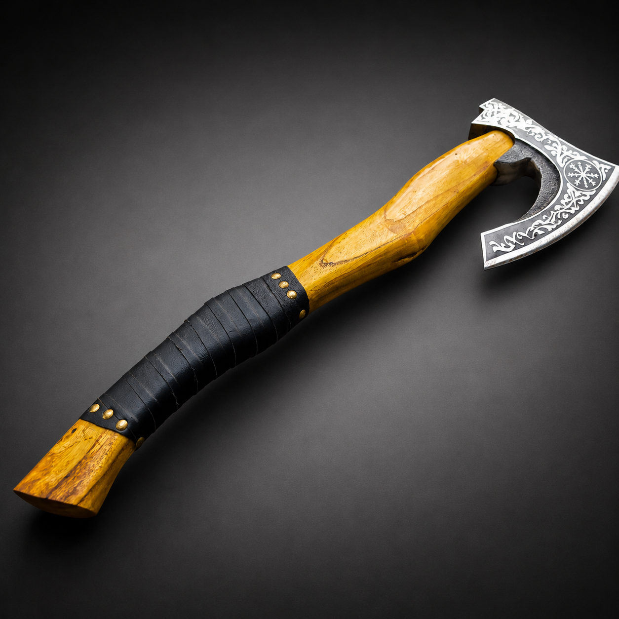 Handmade Viking Bearded Axe with Vegvisir Etching & Leather Sheath