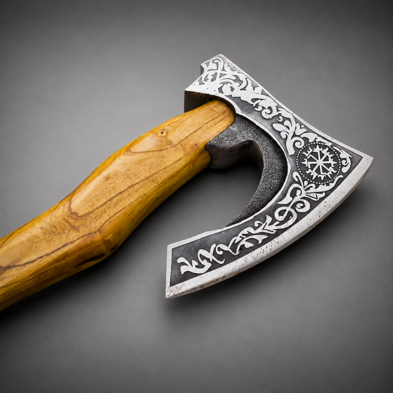 Handmade Viking Bearded Axe with Vegvisir Etching & Leather Sheath