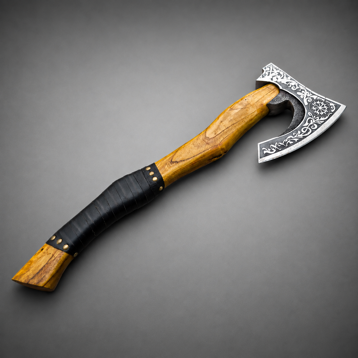 Handmade Viking Bearded Axe with Vegvisir Etching & Leather Sheath