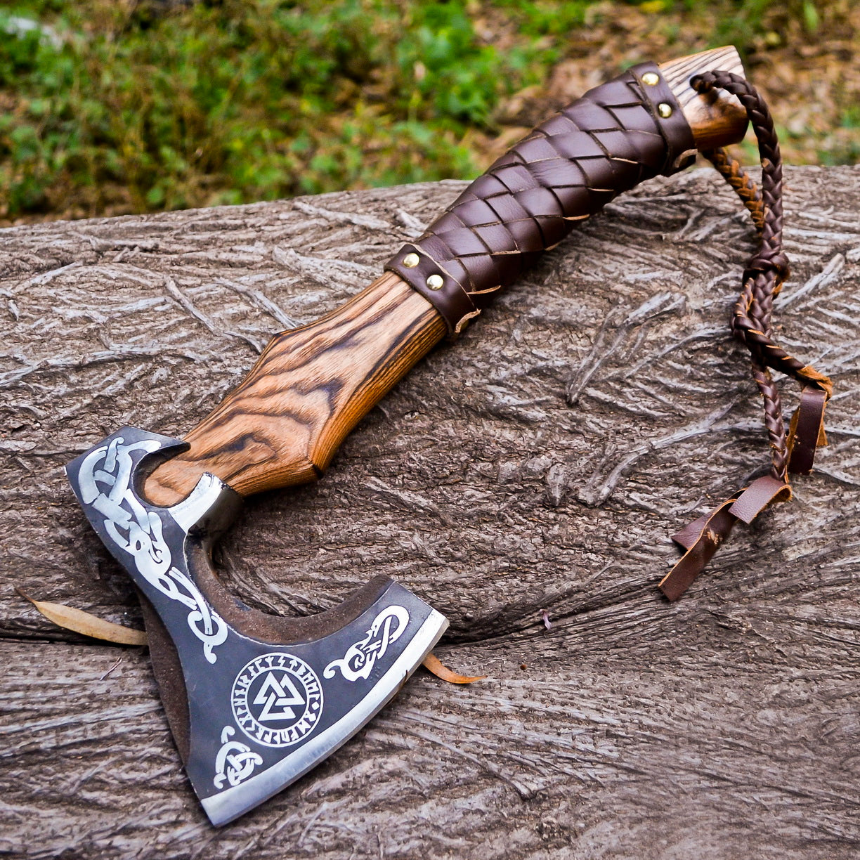 Handmade Viking Bearded Axe with Vegvisir Etching & Leather Wrap