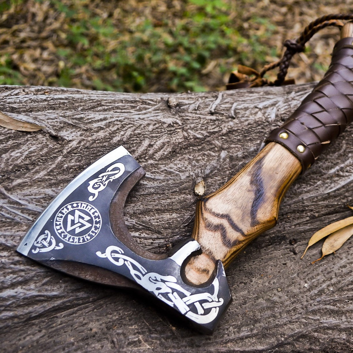 Handmade Viking Bearded Axe with Vegvisir Etching & Leather Wrap