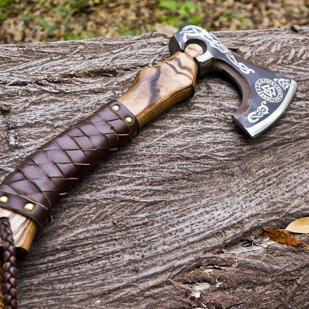 Handmade Viking Bearded Axe with Vegvisir Etching & Leather Wrap