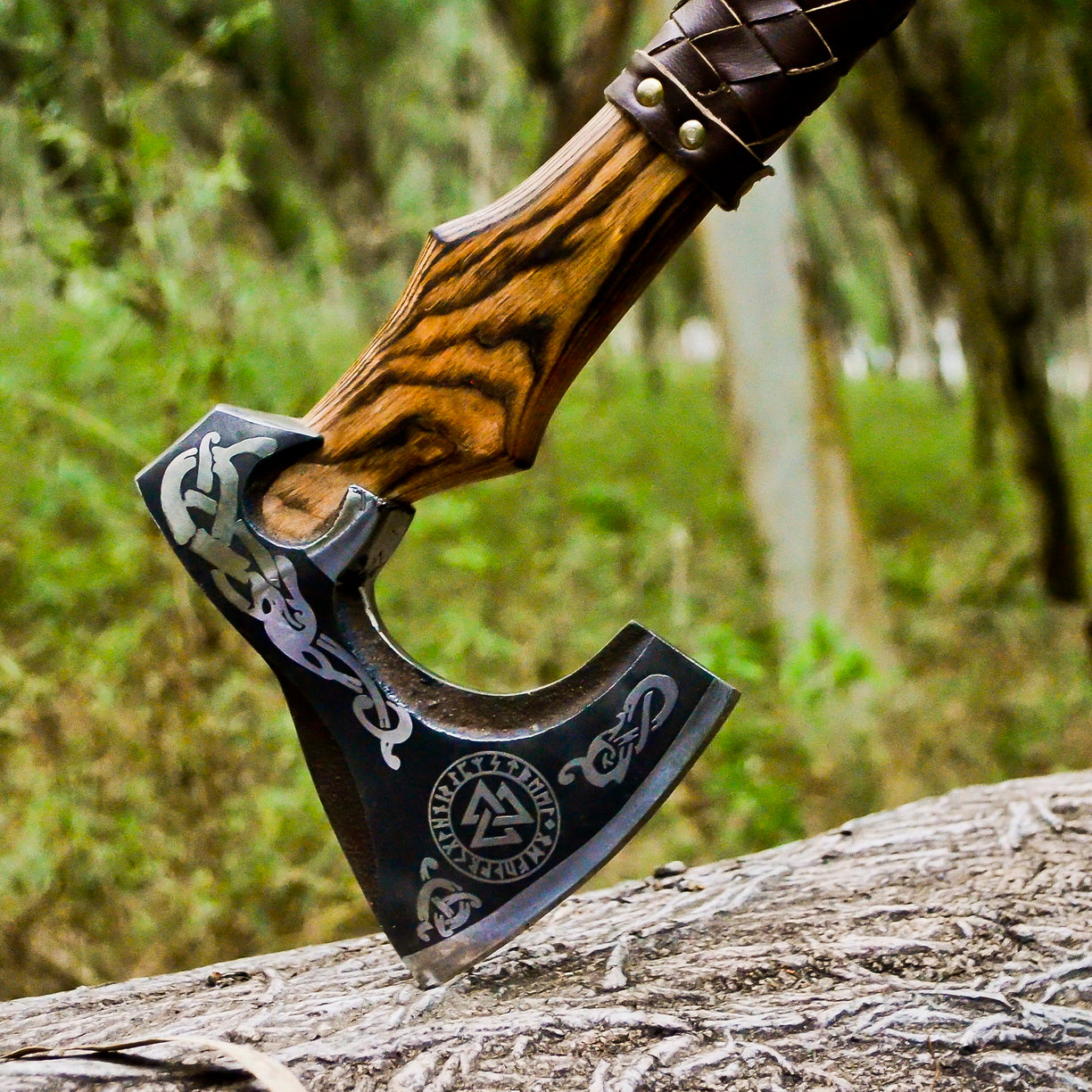 Handmade Viking Bearded Axe with Vegvisir Etching & Leather Wrap