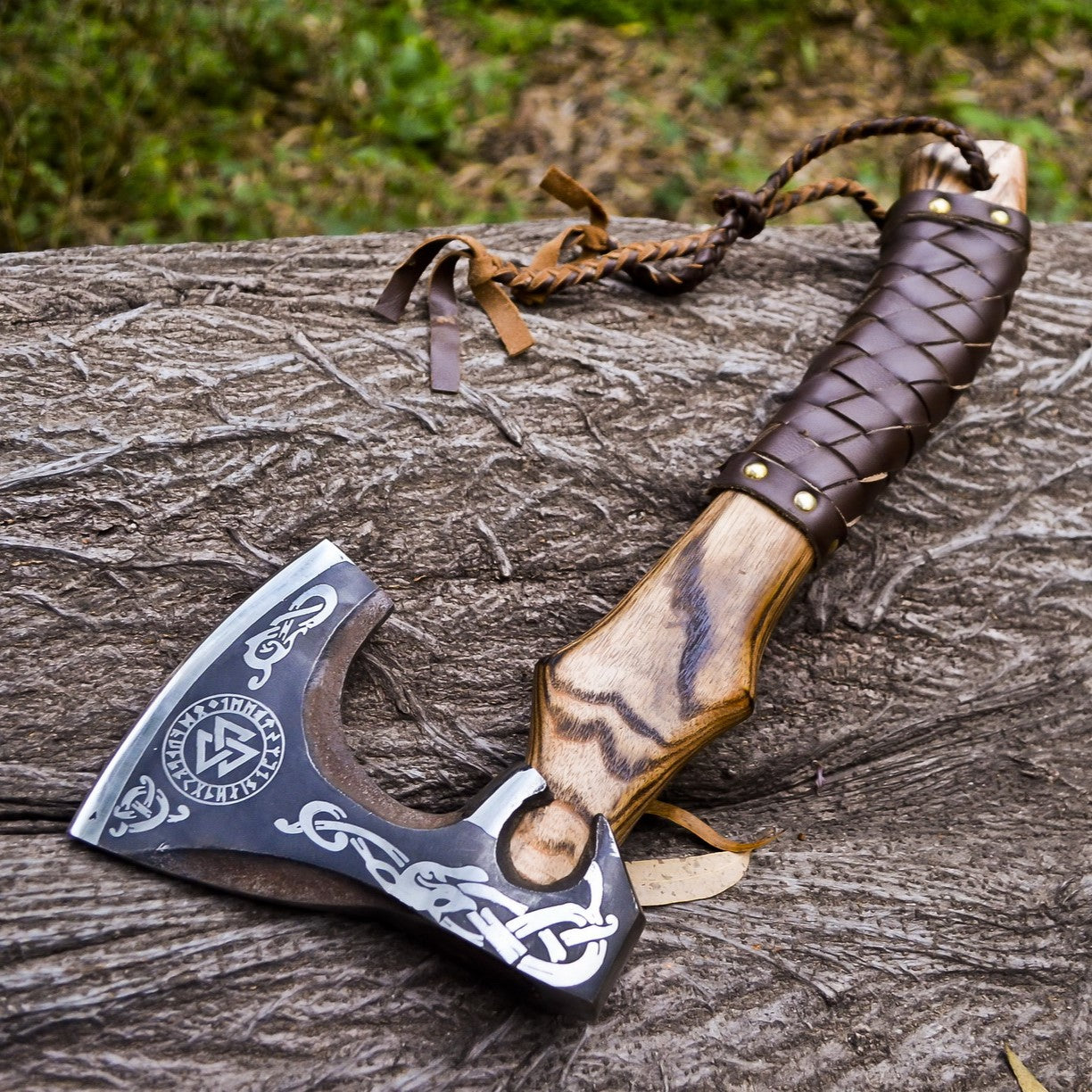 Handmade Viking Bearded Axe with Vegvisir Etching & Leather Wrap