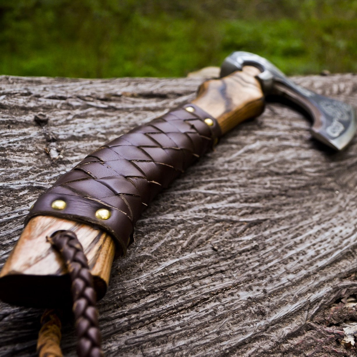 Handmade Viking Bearded Axe with Vegvisir Etching & Leather Wrap