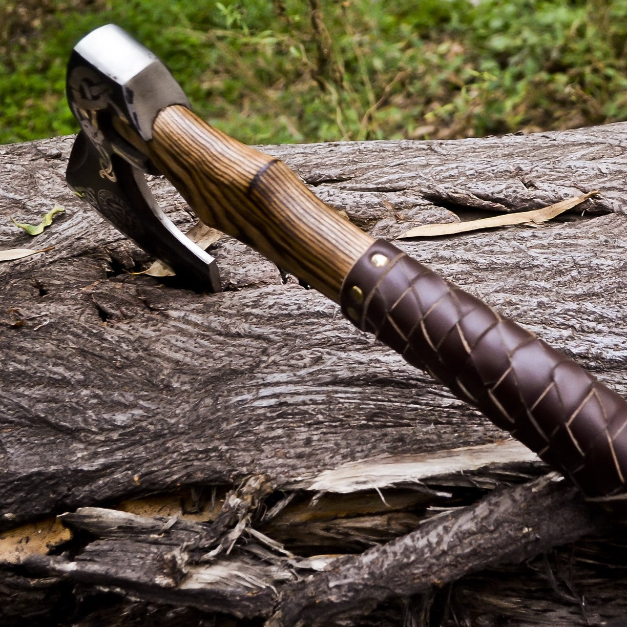 Handmade Viking Bearded Axe with Vegvisir Etching & Leather Wrap