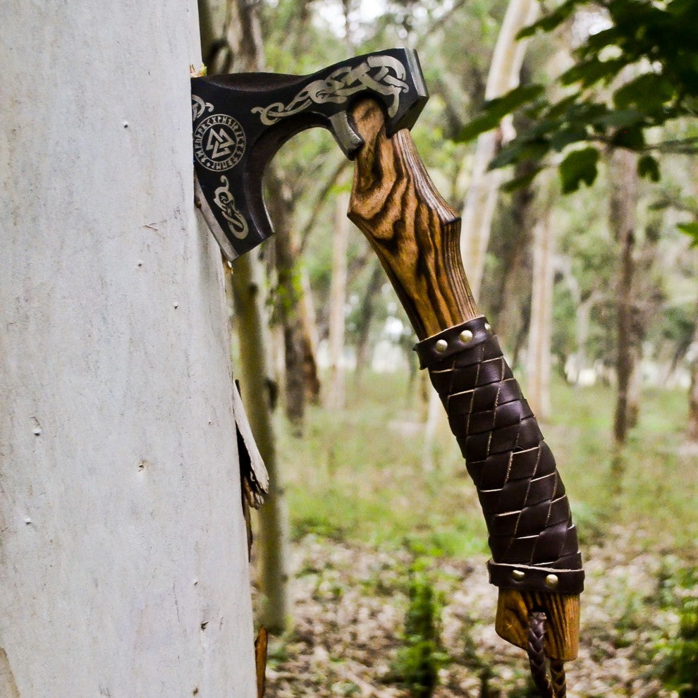 Handmade Viking Bearded Axe with Vegvisir Etching & Leather Wrap