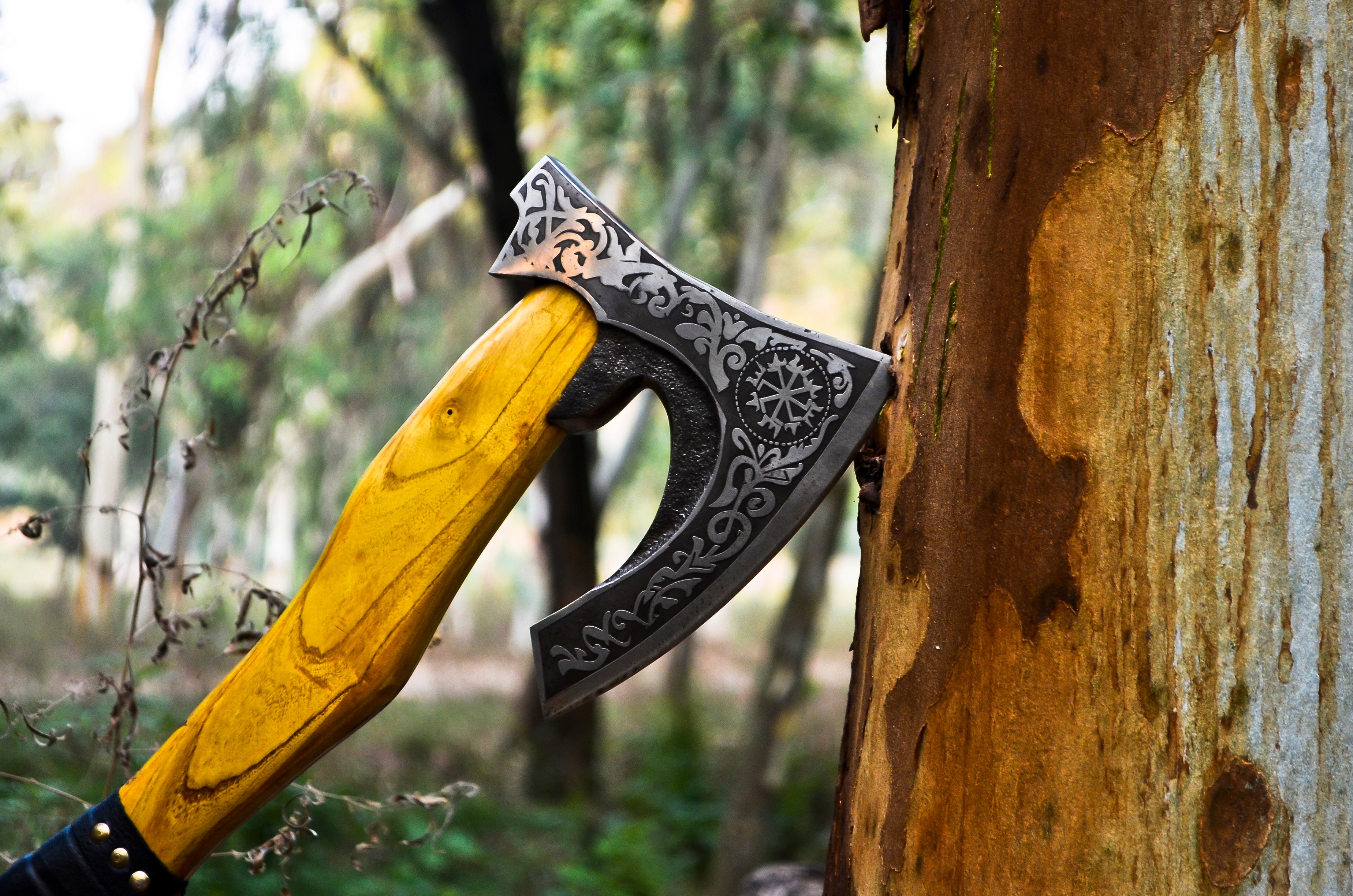 Handmade Viking Bearded Axe with Vegvisir Etching & Leather Sheath