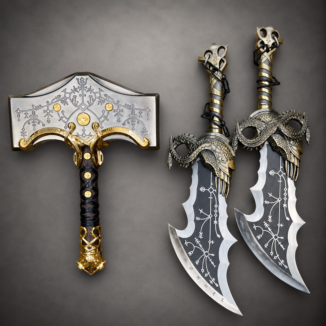 God of War Blades of Chaos Metal Replica – Twin Kratos Chained Swords Display Set