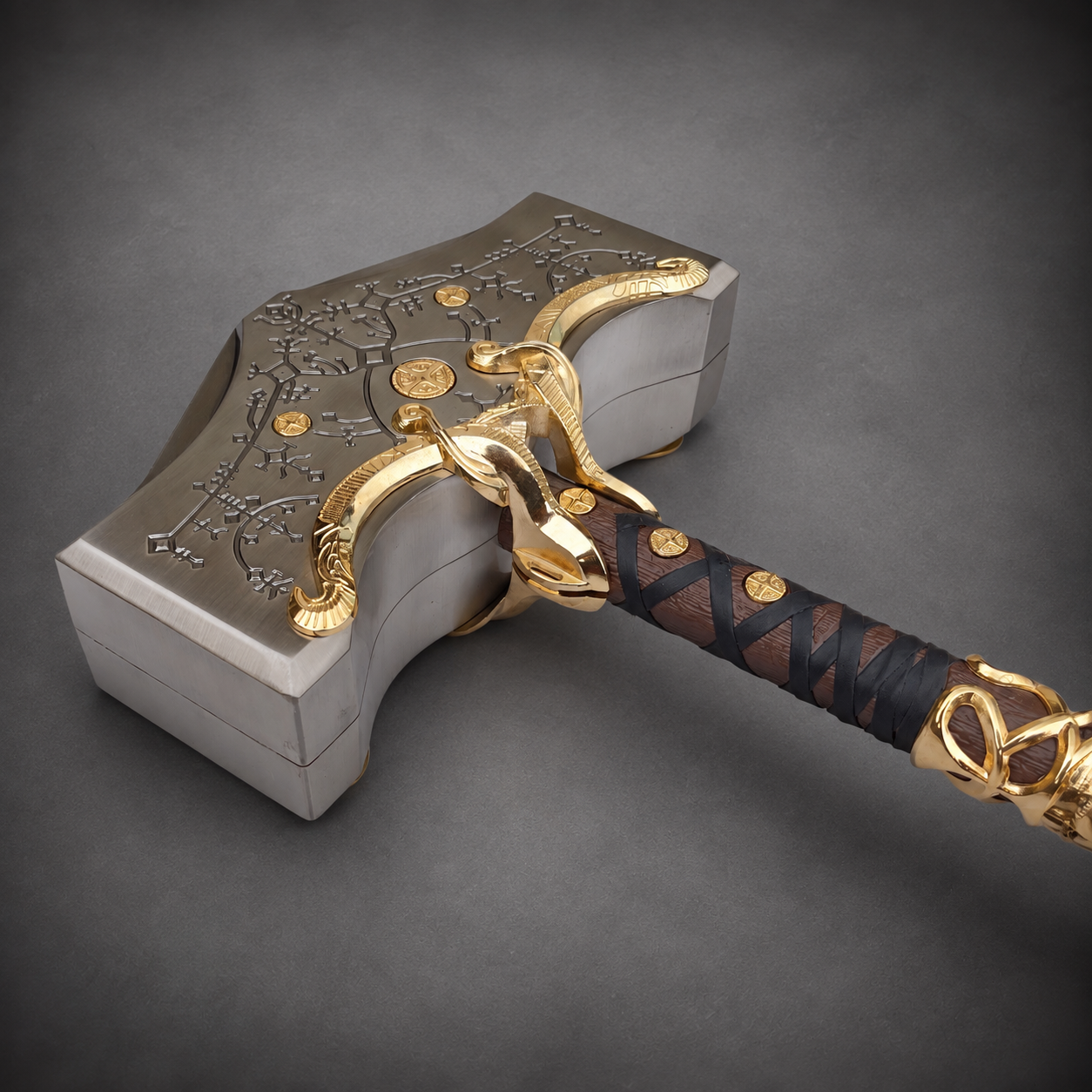 God of War Ragnarok Thor Mjolnir Hammer Replica - Detailed Metal & Gold Norse Prop Collectible