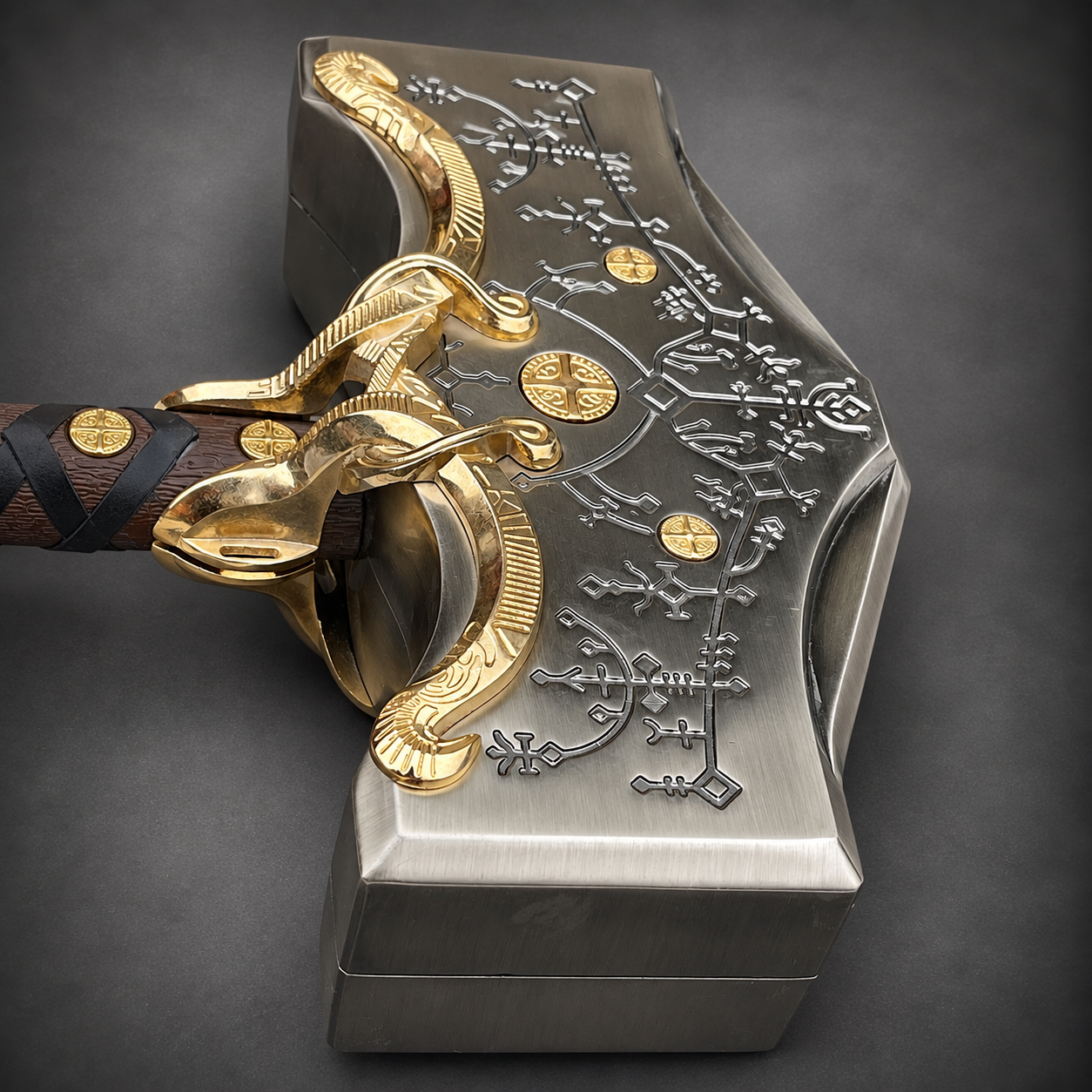 God of War Ragnarok Thor Mjolnir Hammer Replica - Detailed Metal & Gold Norse Prop Collectible