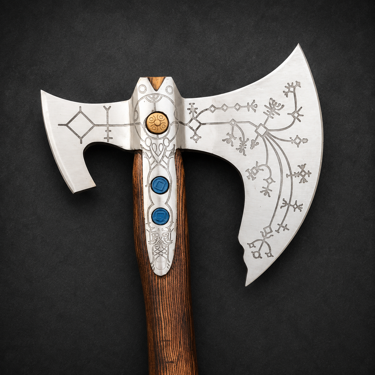 God of War Leviathan Axe Replica with Runic Engravings & Leather Sheaths