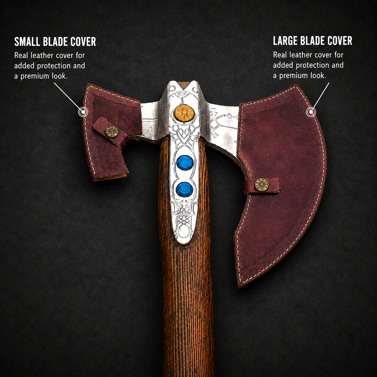 God of War Leviathan Axe Replica with Runic Engravings & Leather Sheaths