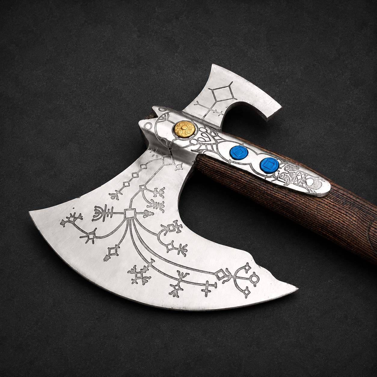 God of War Leviathan Axe Replica with Runic Engravings & Leather Sheaths